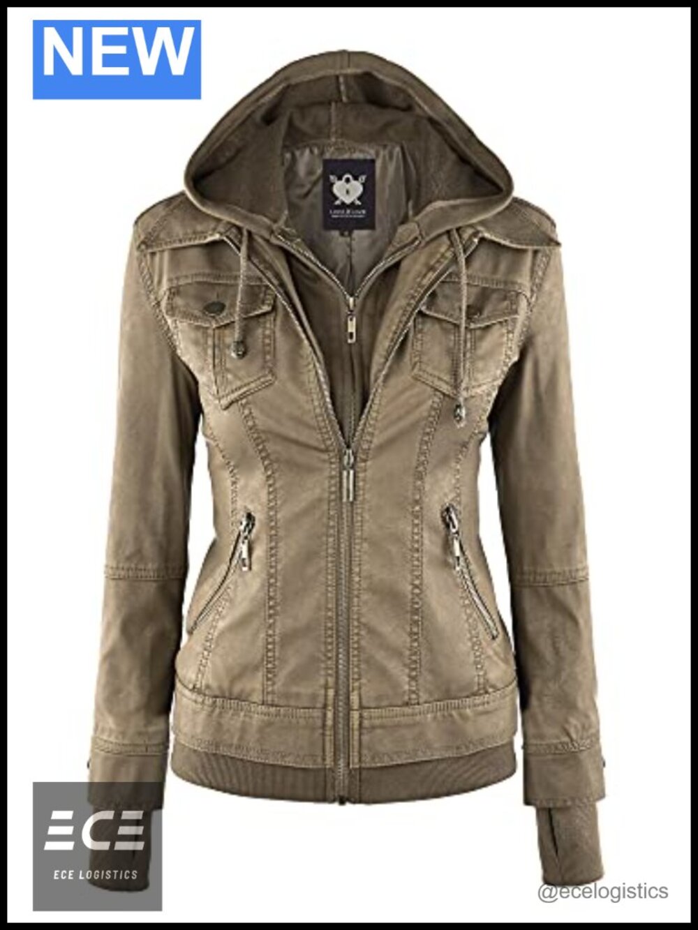 Faux Leather Moto Biker Jacket Removable Hood Slim Fit Zip Coat